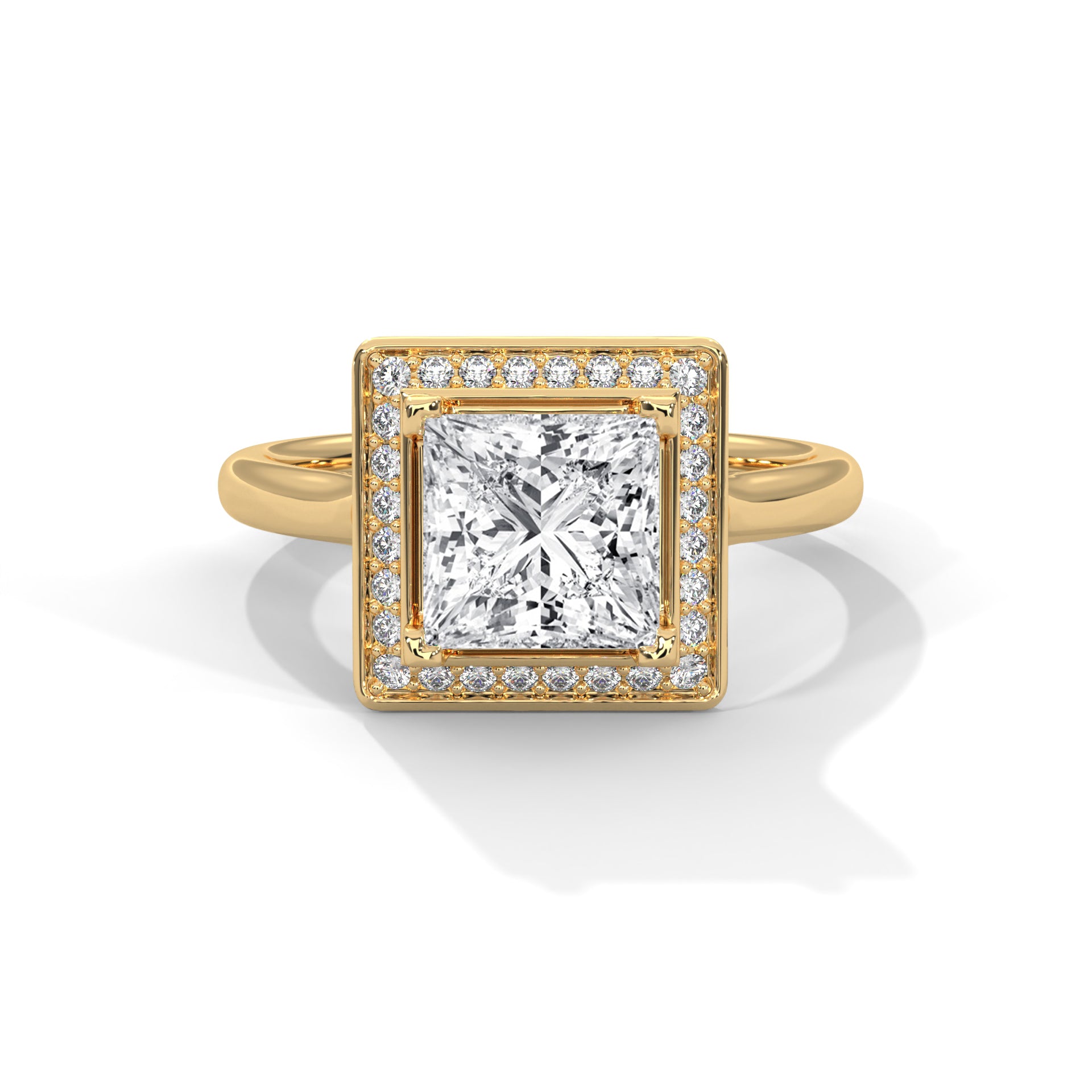 Princess cut elevated square halo engagement ring in yellow gold, angled front view showing tiered plinth platform and halo detail