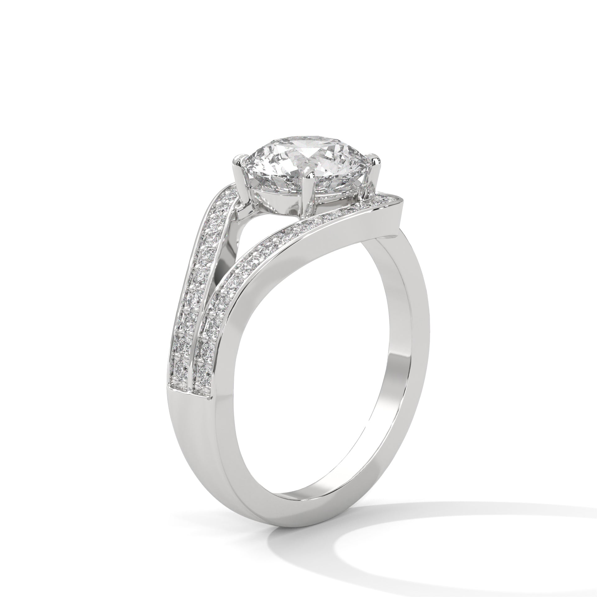 Round brilliant bypass split halo engagement ring in white gold, angled side view showing low-profile 4-prong basket and split shank junction