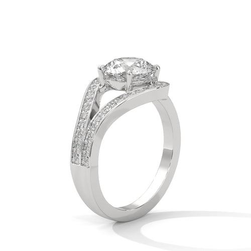 Round brilliant bypass split halo engagement ring in white gold, angled side view showing low-profile 4-prong basket and split shank junction
