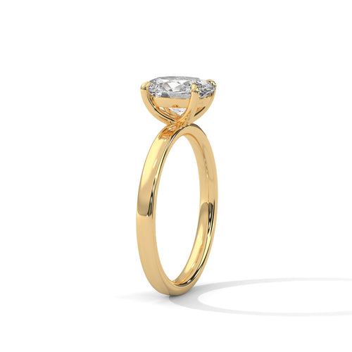Oval solitaire plain band engagement ring in yellow gold, side profile view highlighting plain band and crown height