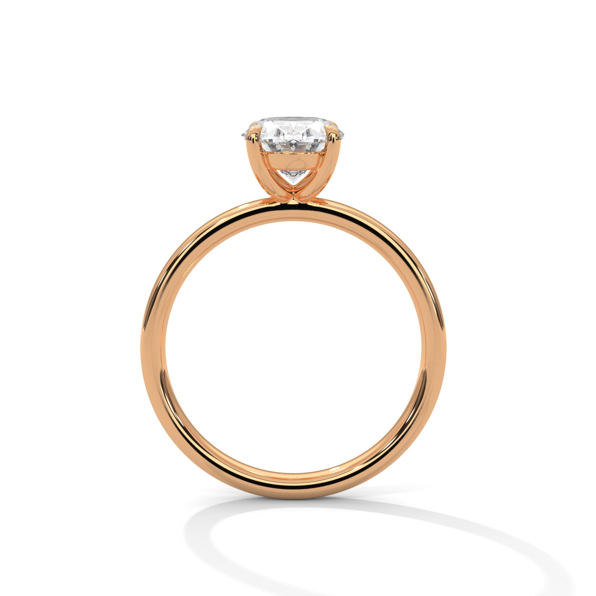 Oval solitaire plain band engagement ring in rose gold, front view showing plain band and solitaire setting