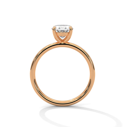 Oval solitaire plain band engagement ring in rose gold, front view showing plain band and solitaire setting
