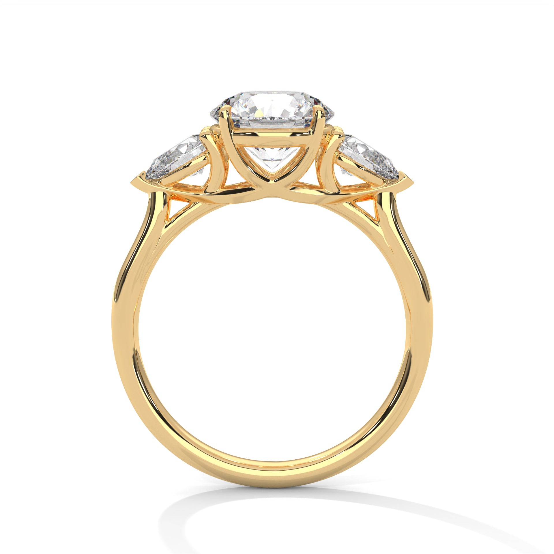 Shared prong trellis mount side view in solid yellow gold.