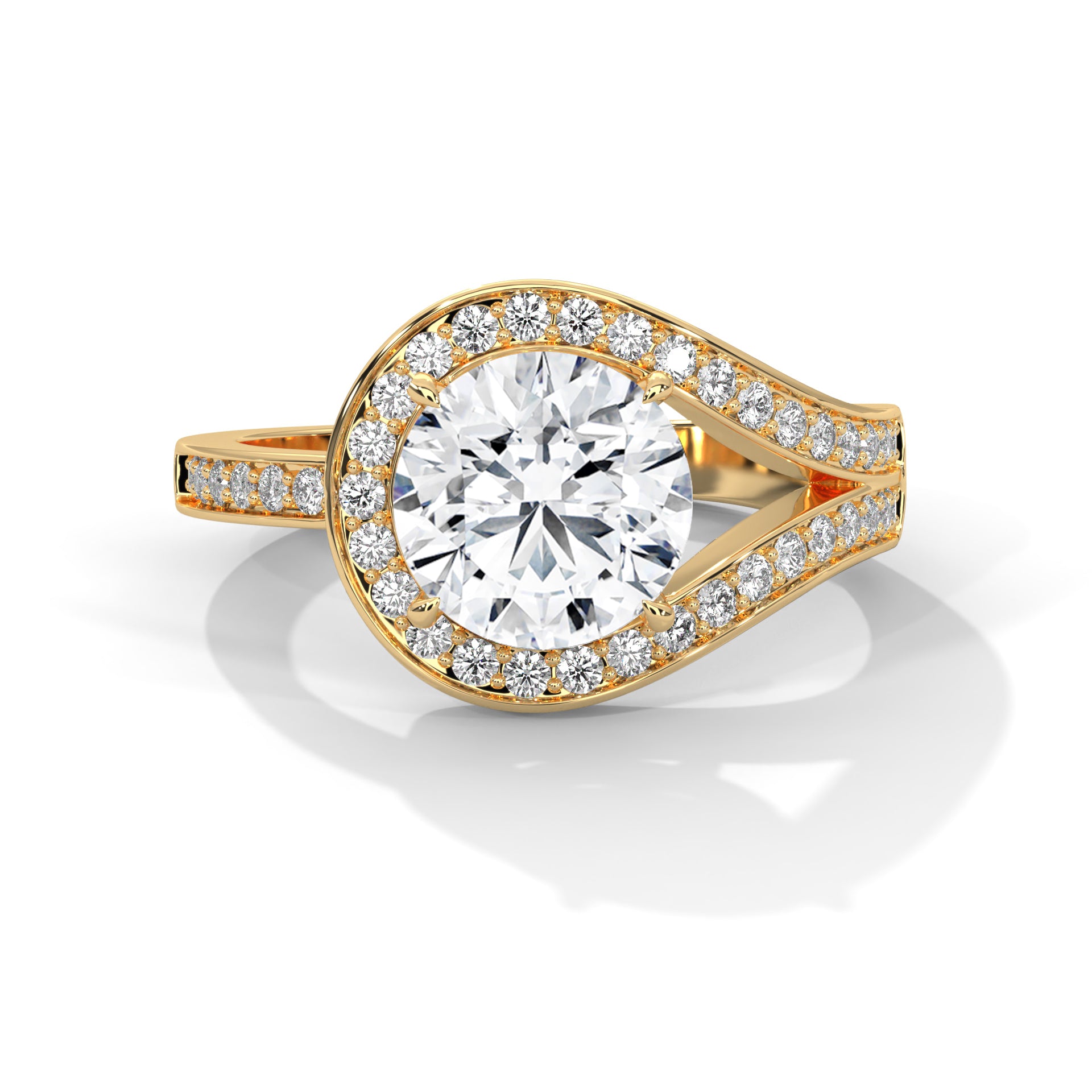 Round brilliant bypass split halo engagement ring in yellow gold, angled front view showing split halo and dual-track pavé shank