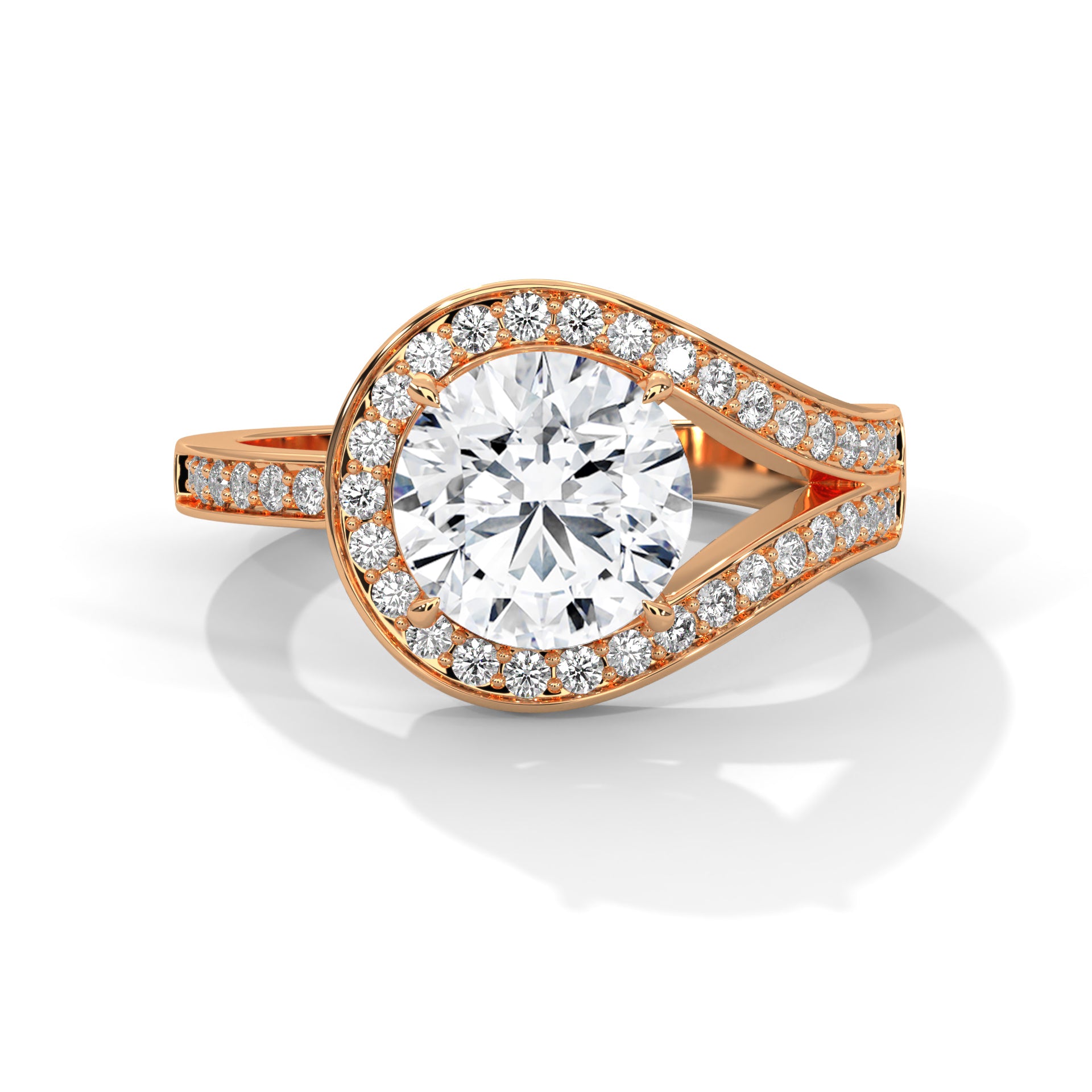 Round brilliant bypass split halo engagement ring in rose gold, three-quarter view showing halo detail and split shank