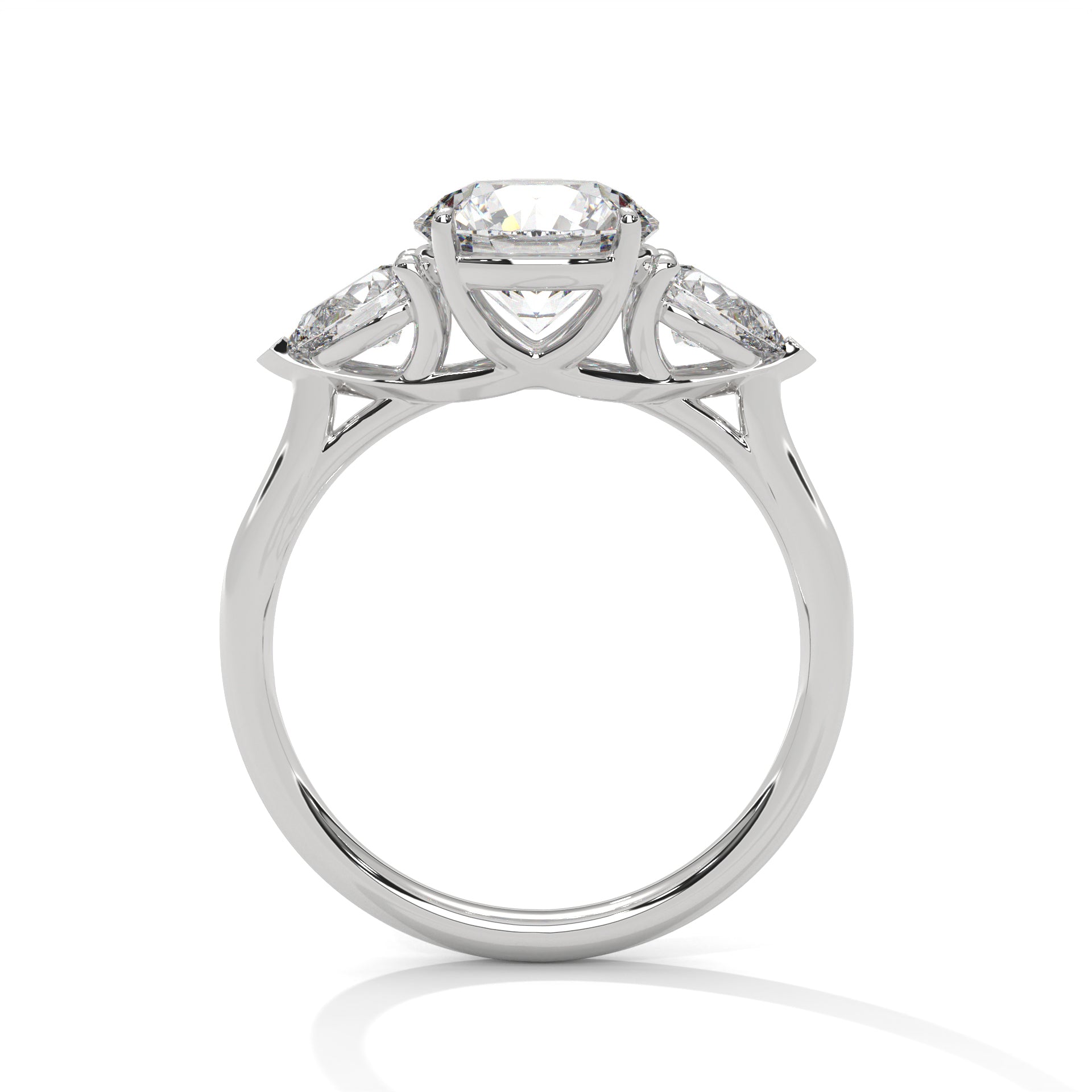Side view of a shared prong trellis setting showcasing diamond depth in white gold.