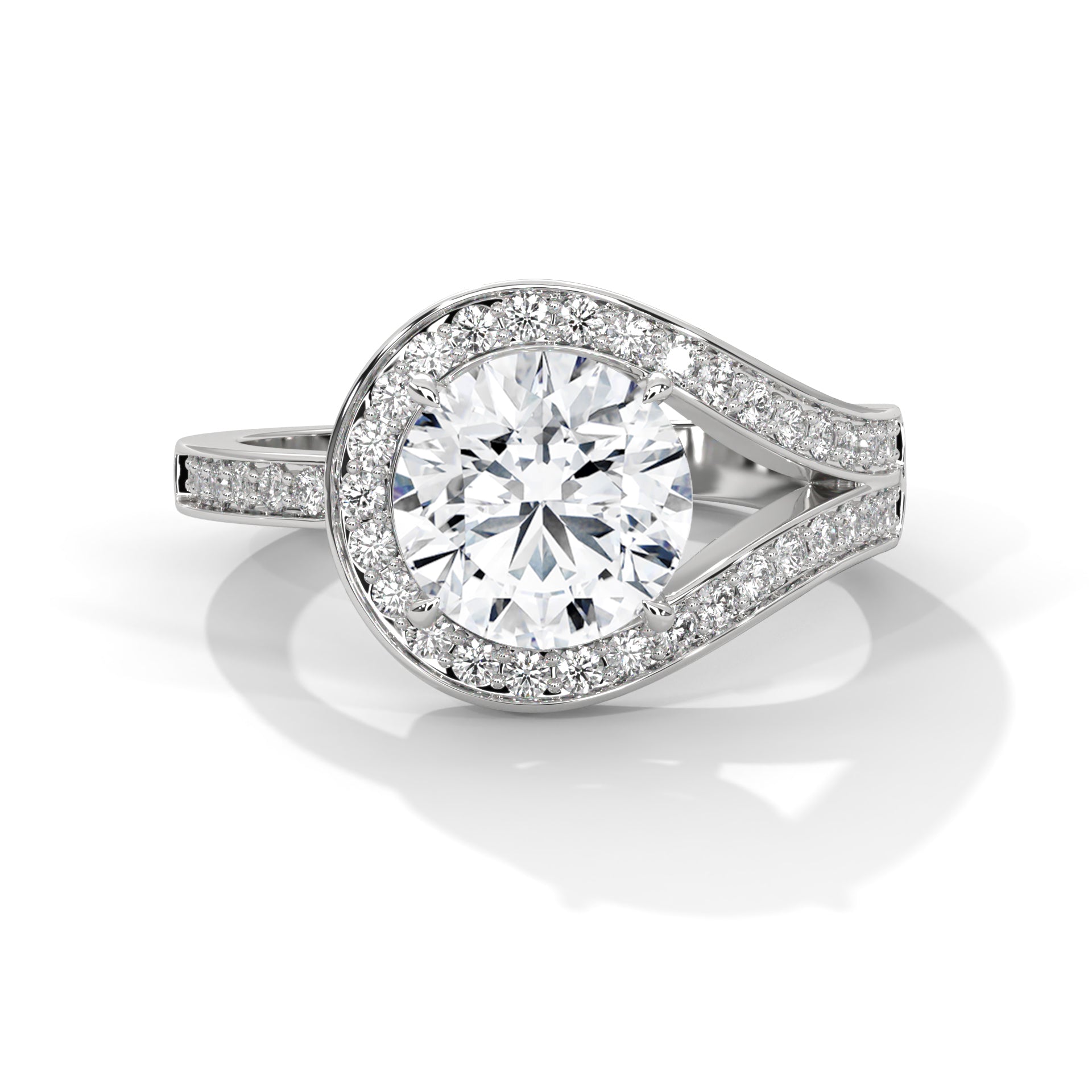Round Brilliant Bypass Swirl Halo Engagement Ring