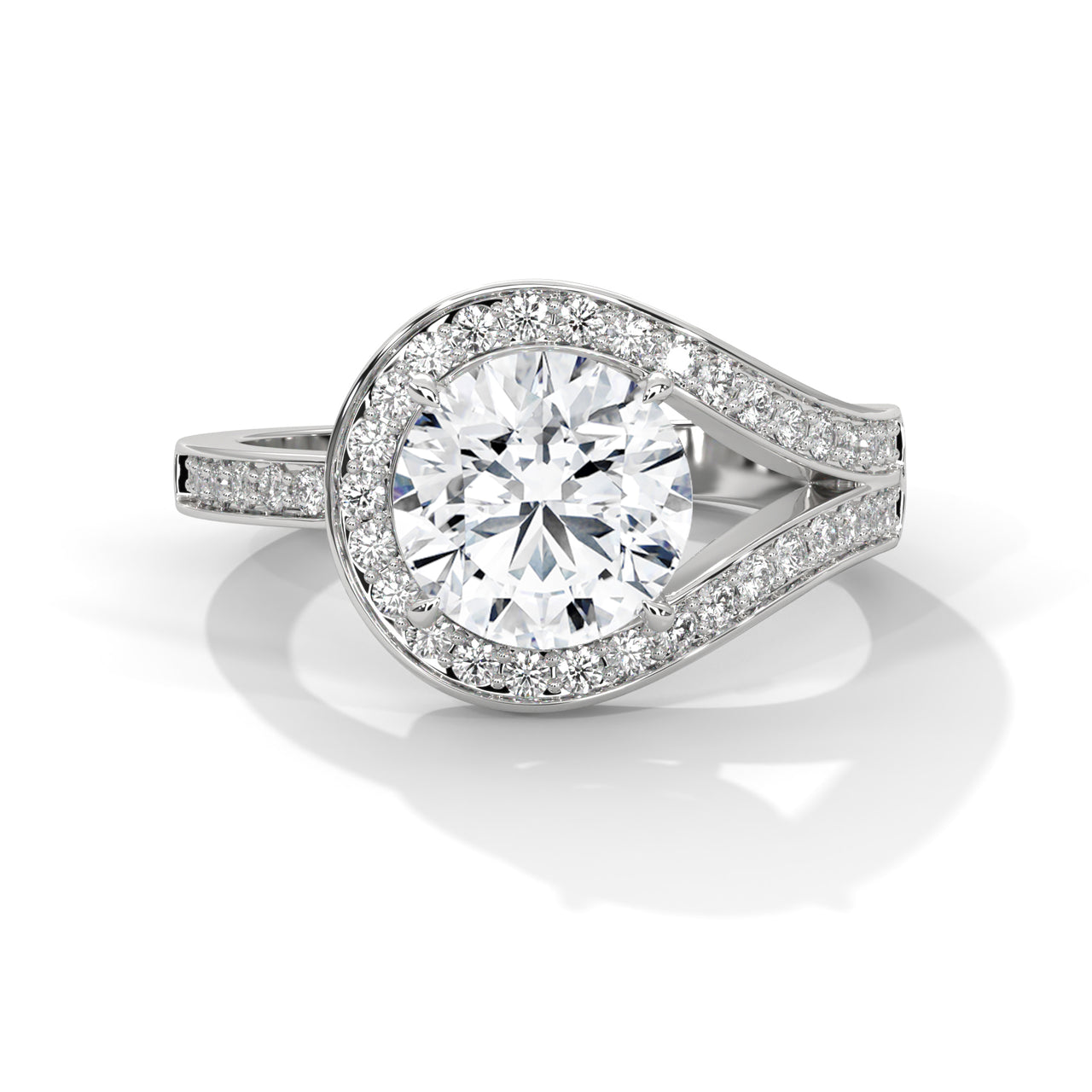 Round brilliant bypass split halo engagement ring in white gold, side profile view showing split pavé shank and halo setting