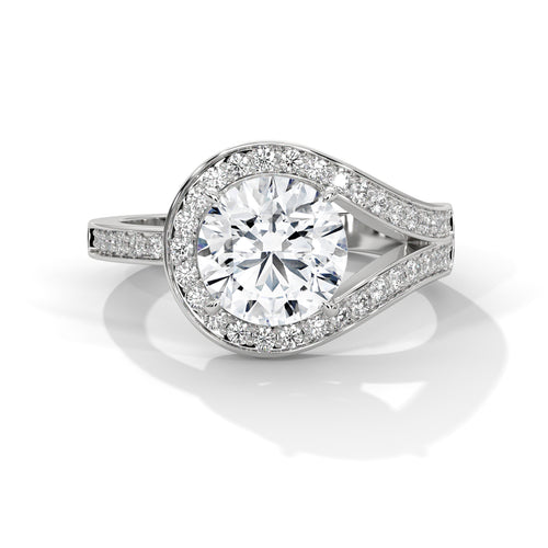 Round brilliant bypass split halo engagement ring in white gold, side profile view showing split pavé shank and halo setting