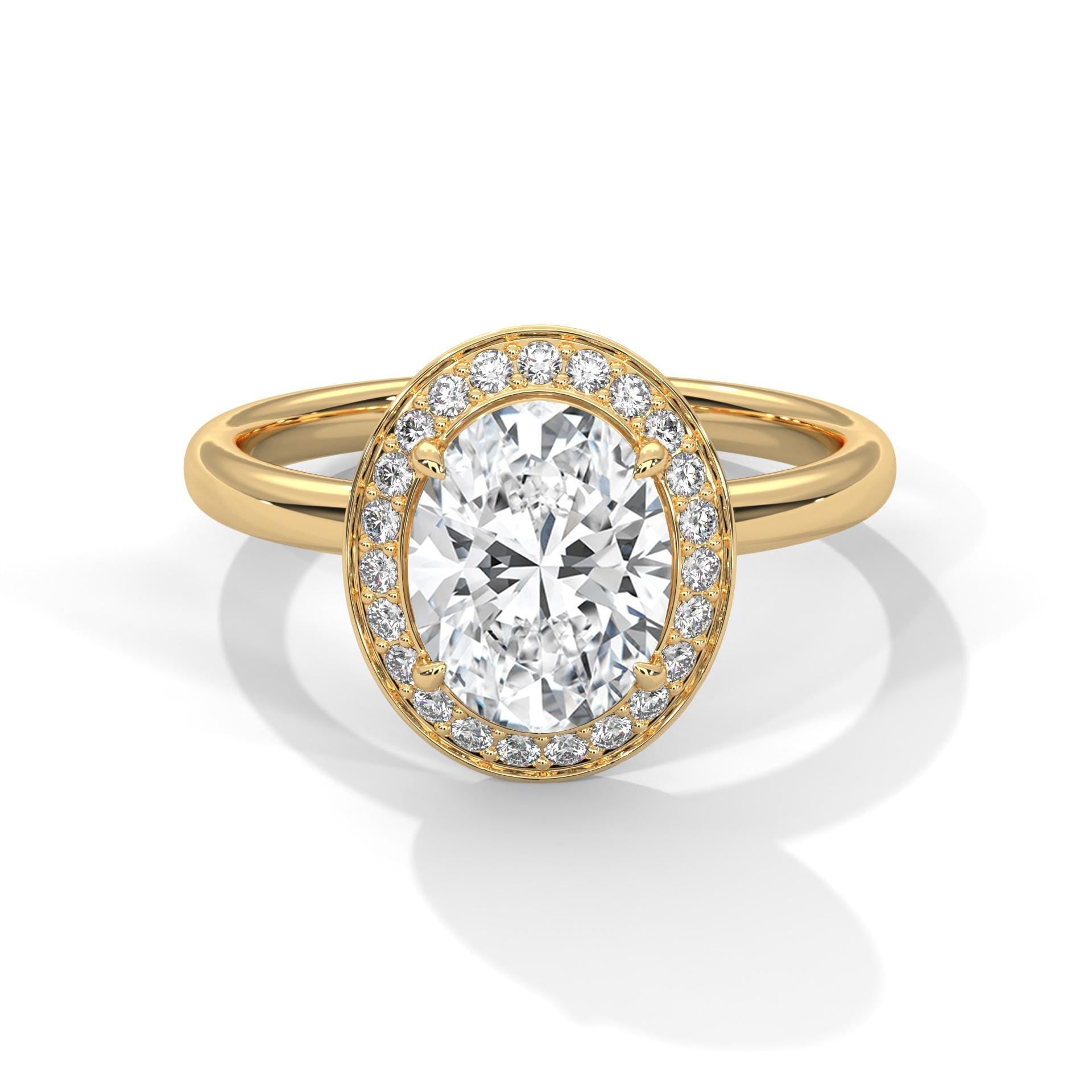 1 to 3 carat oval lab diamond halo solitaire in yellow gold