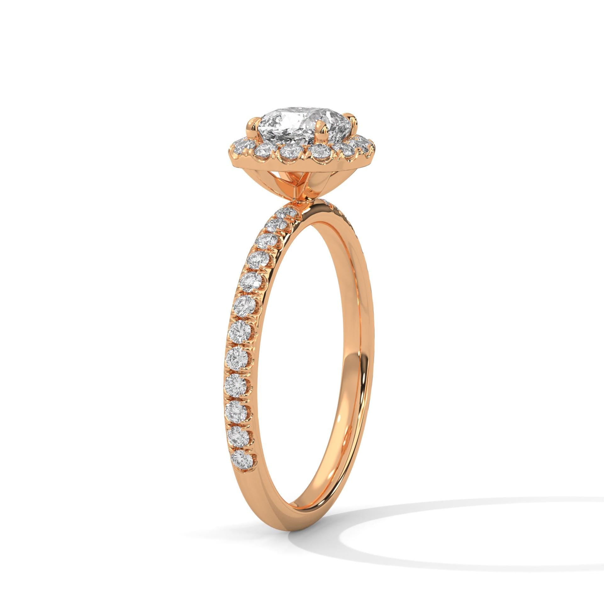 Underneath view of rose gold halo mount for cushion lab created diamond