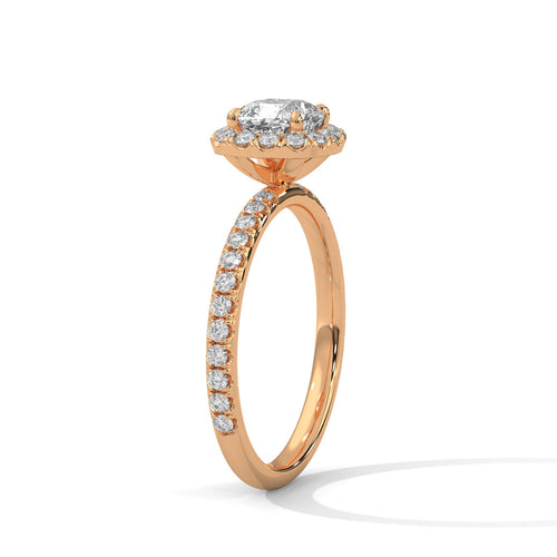 Underneath view of rose gold halo mount for cushion lab created diamond