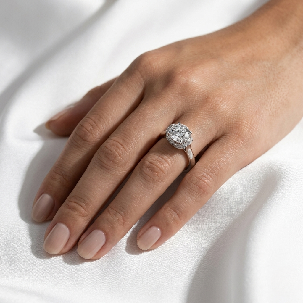 Close-up view of a round brilliant lab-grown diamond ring with a hidden halo worn on a finger.