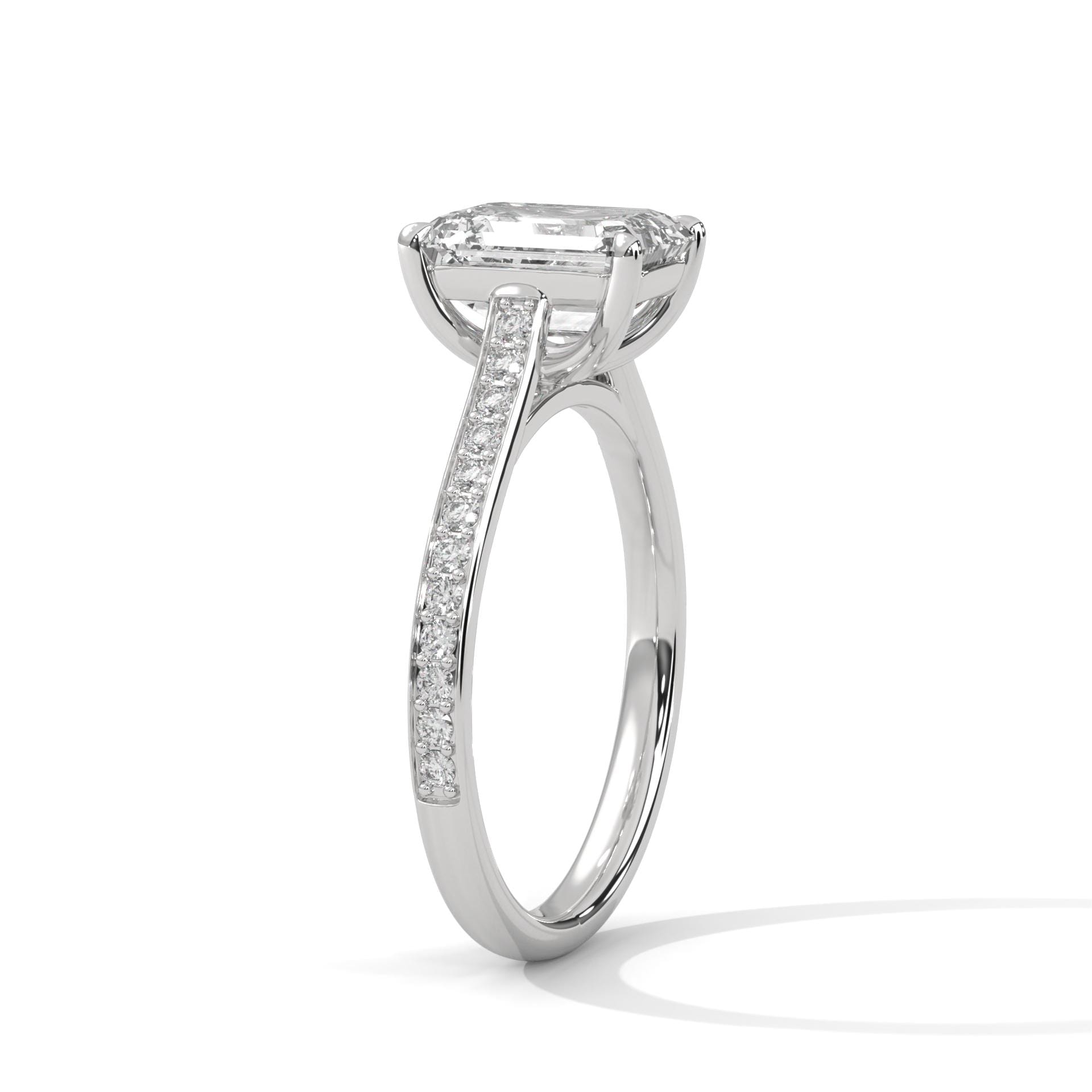 Elevated white gold cathedral mount for emerald lab diamond pave
