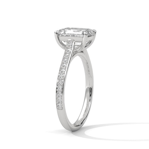 Elevated white gold cathedral mount for emerald lab diamond pave