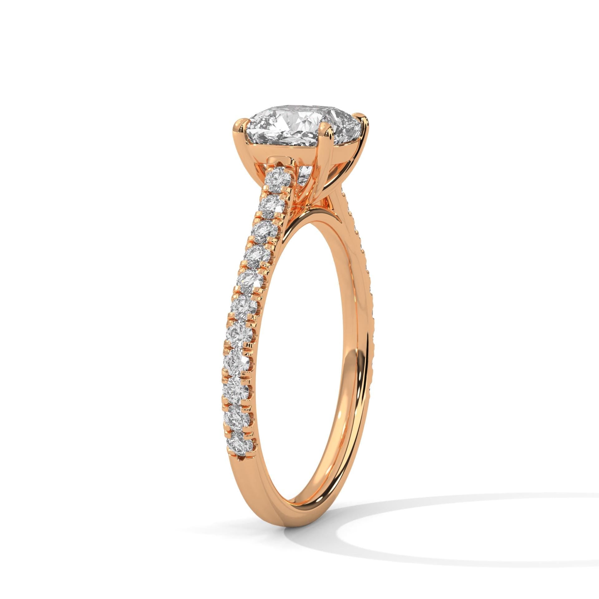 Architectural rose gold pave setting with high-profile 4-prong head for cushion diamond