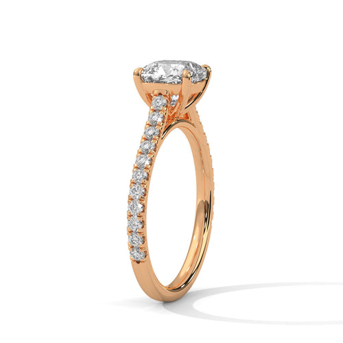 Architectural rose gold pave setting with high-profile 4-prong head for cushion diamond