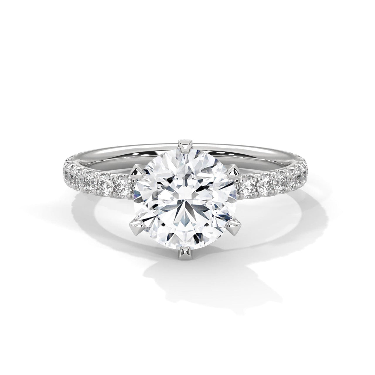 Round lab grown diamond 6-prong pave cathedral ring in white gold