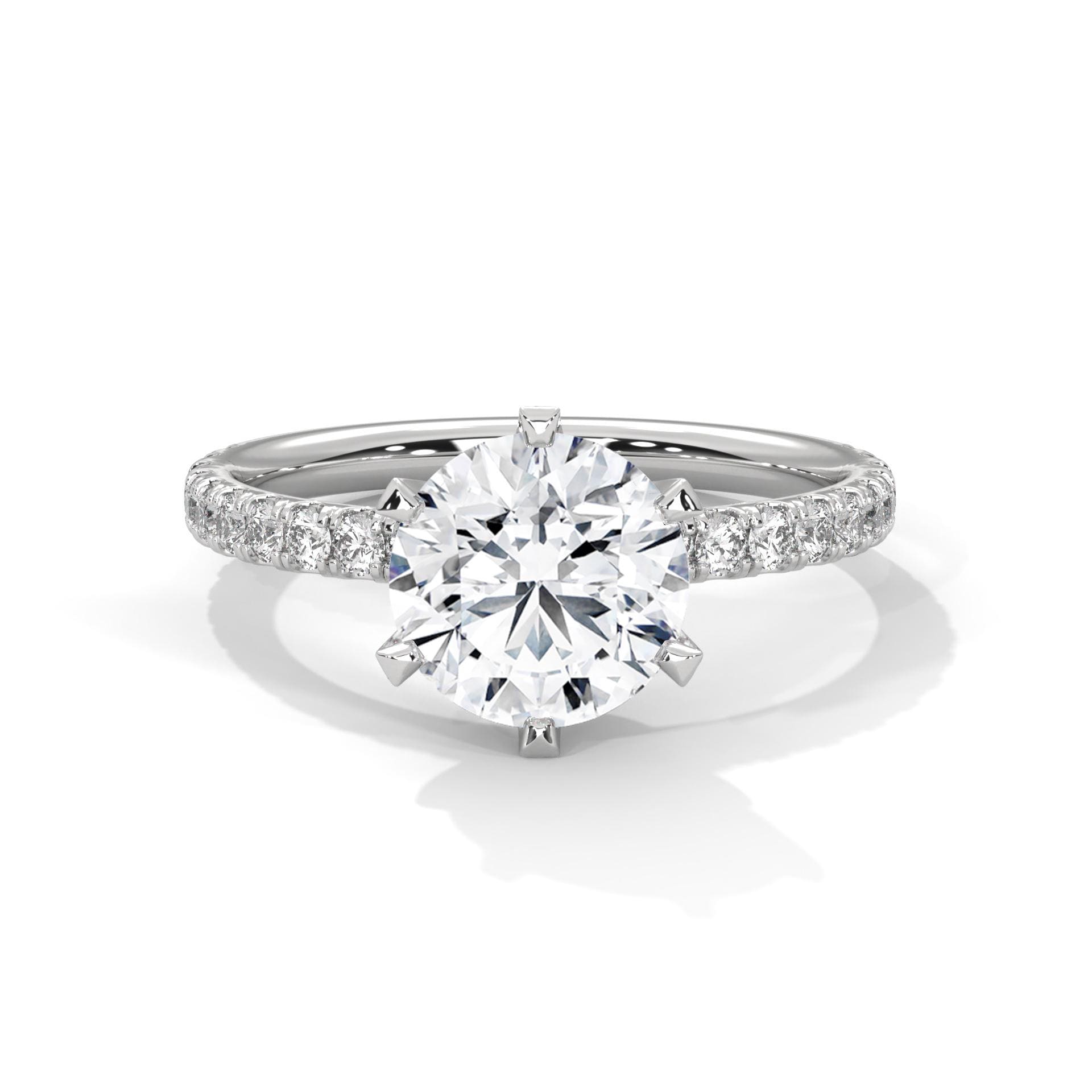 Round lab grown diamond 6-prong pave cathedral ring in white gold
