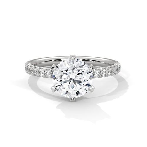 Round lab grown diamond 6-prong pave cathedral ring in white gold