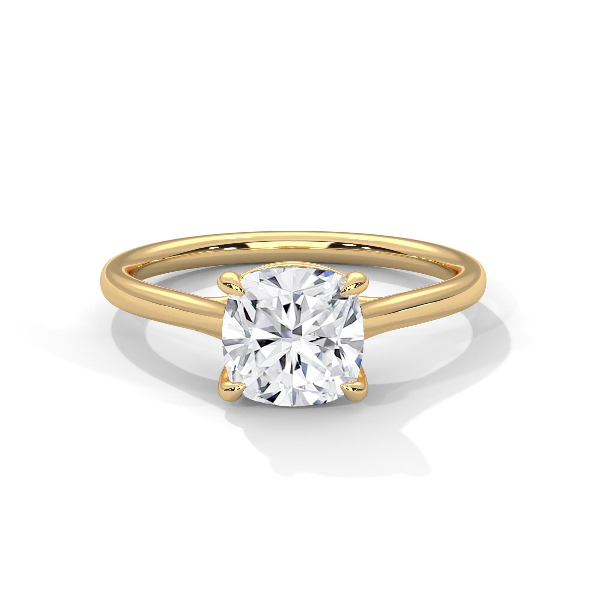 Cushion cut lab grown diamond cathedral solitaire ring in yellow gold