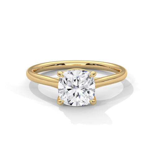 Cushion cut lab grown diamond cathedral solitaire ring in yellow gold