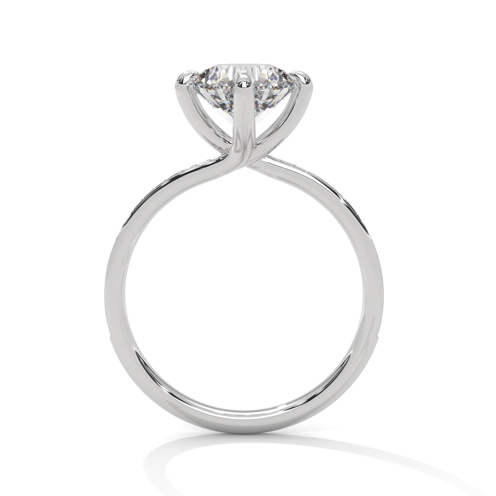 Side view of white gold round pave ring showing high-profile 4-prong setting