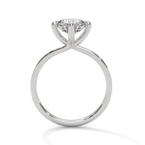 Side view of white gold round pave ring showing high-profile 4-prong setting