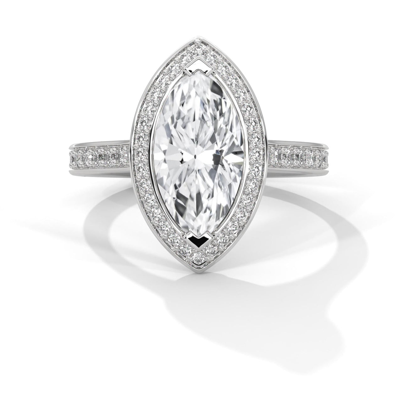 Marquise cut lab grown diamond halo solitaire ring in white gold