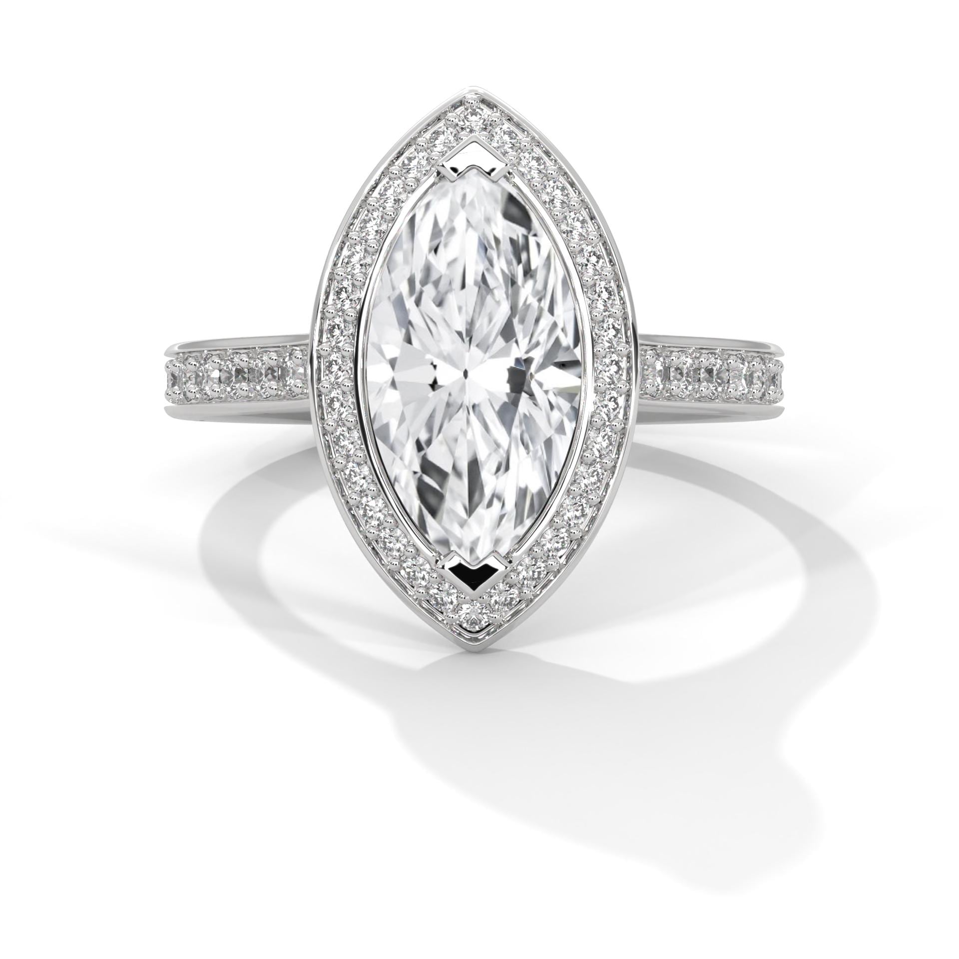 Marquise cut lab grown diamond halo solitaire ring in white gold