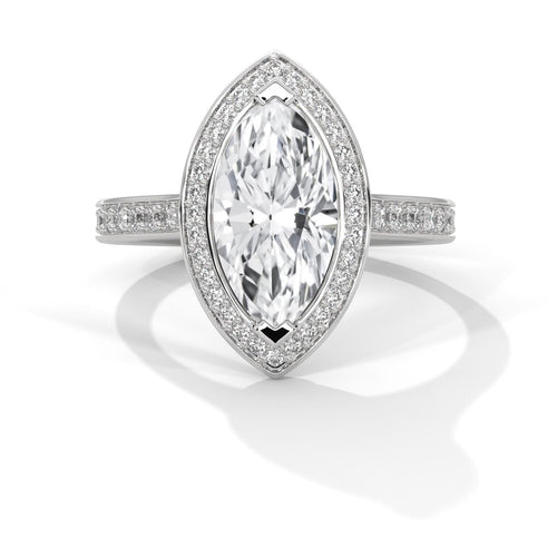Marquise cut lab grown diamond halo solitaire ring in white gold