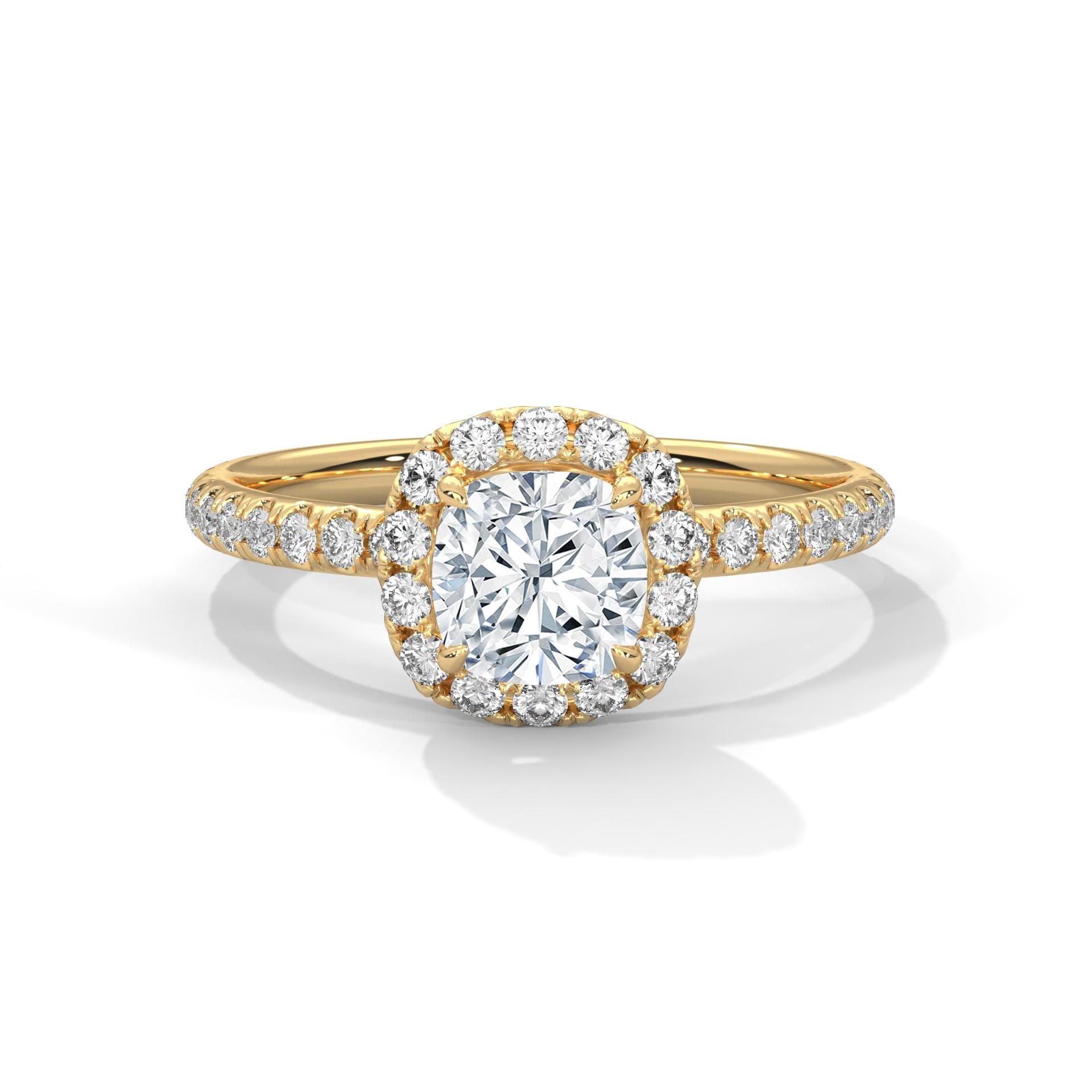 1 to 3 carat cushion lab diamond pave halo ring in yellow gold