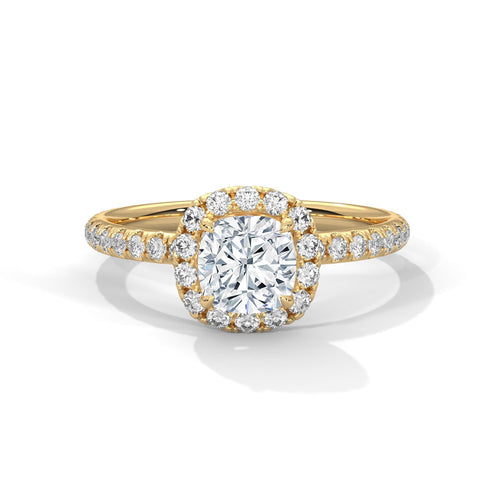 1 to 3 carat cushion lab diamond pave halo ring in yellow gold