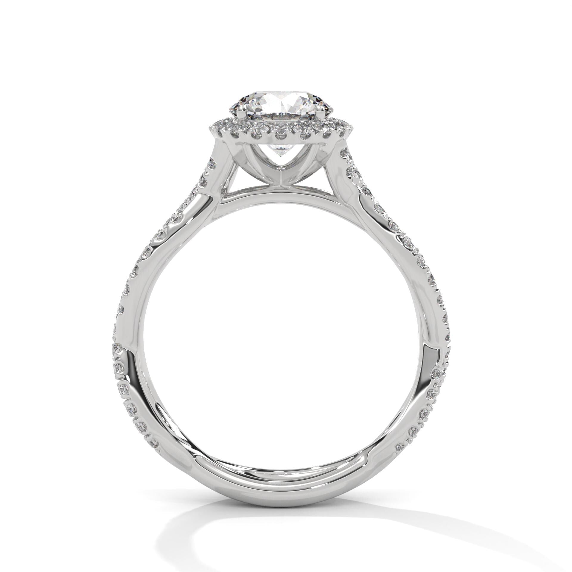Side view of white gold round halo ring showing secure 4-prong mount.