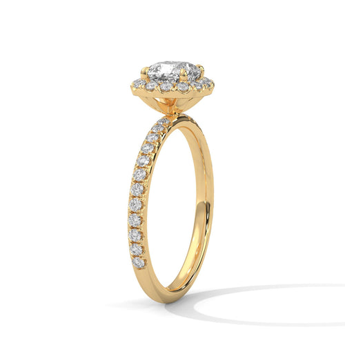 Interior view of yellow gold 4-prong halo setting for cushion brilliant diamond