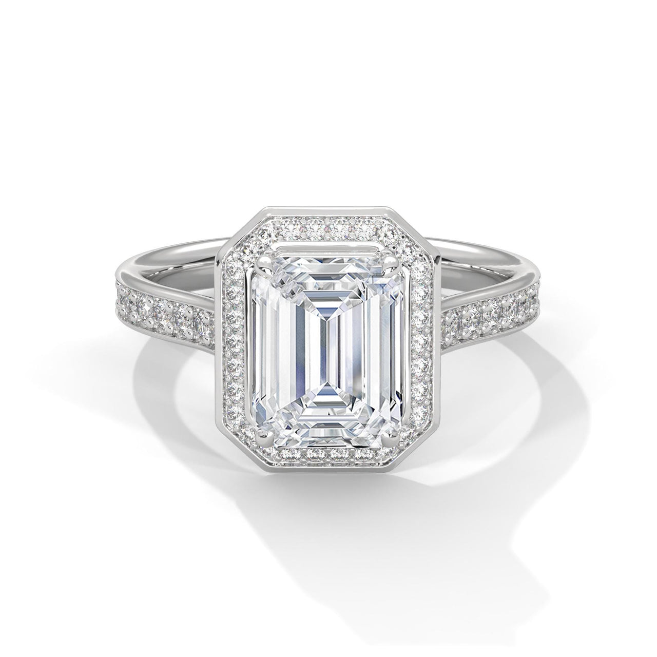 Colorless emerald cut lab diamond halo cathedral ring in white gold