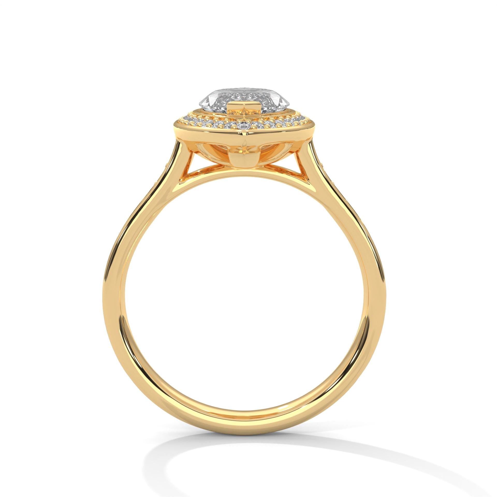 Yellow gold marquise halo solitaire with high-profile V-tip setting