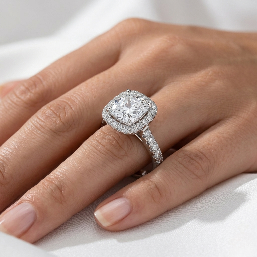 Close-up of a Cushion cut solitaire engagement ring with a knife-edge band worn on a finger.