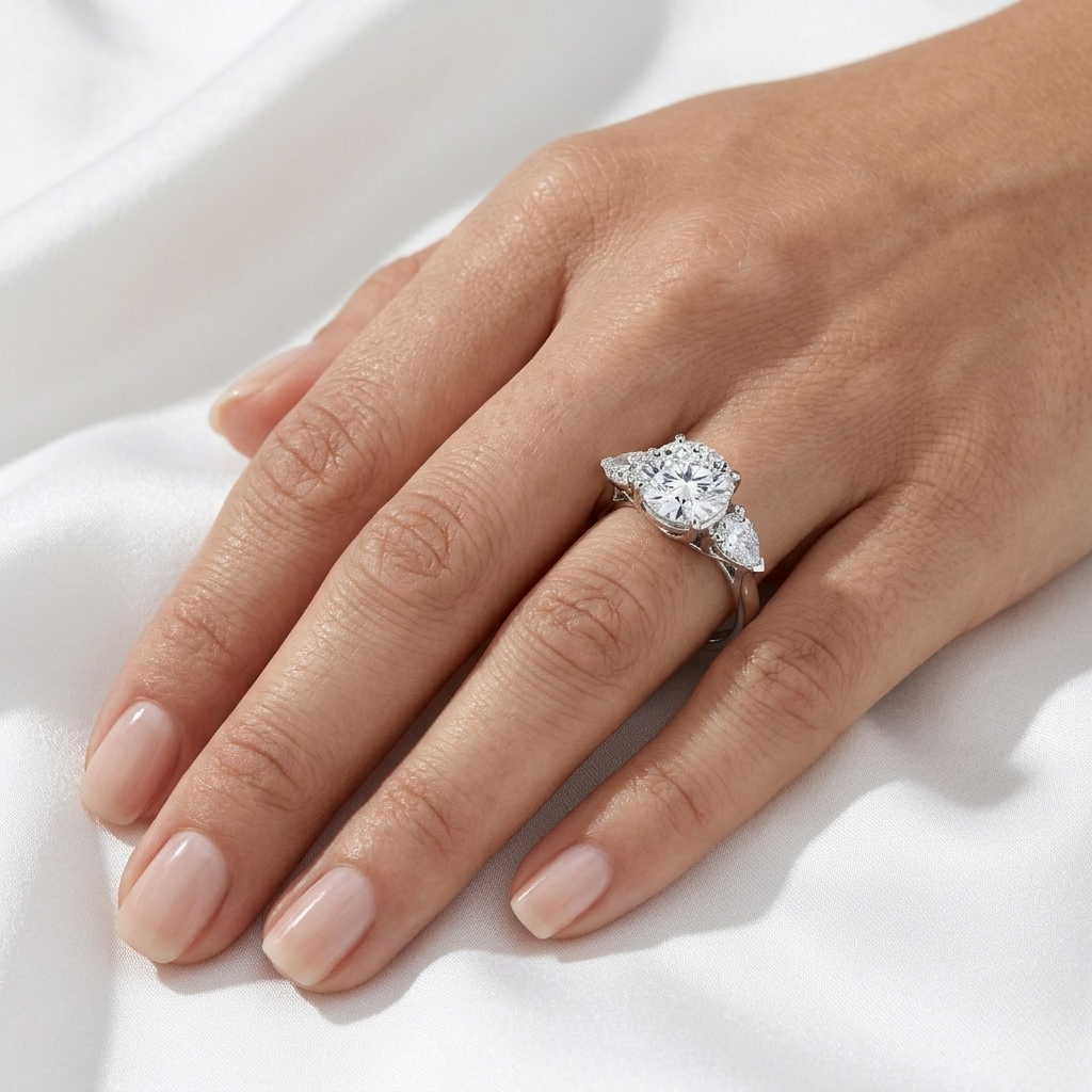 Close-up of a three-stone round brilliant and pear-cut diamond ring worn on a finger.