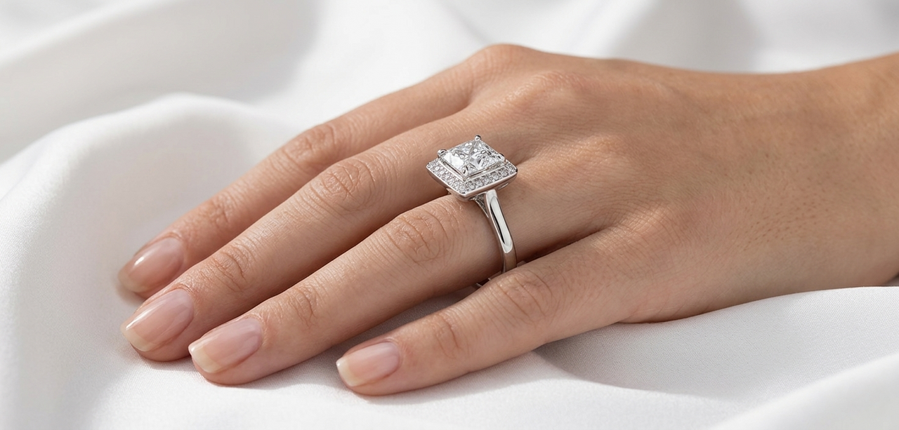 Princess cut elevated square halo engagement ring in white gold worn on hand, close-up finger view