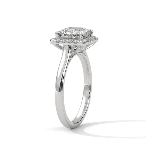 Architectural white gold 4-prong halo setting for princess cut diamond