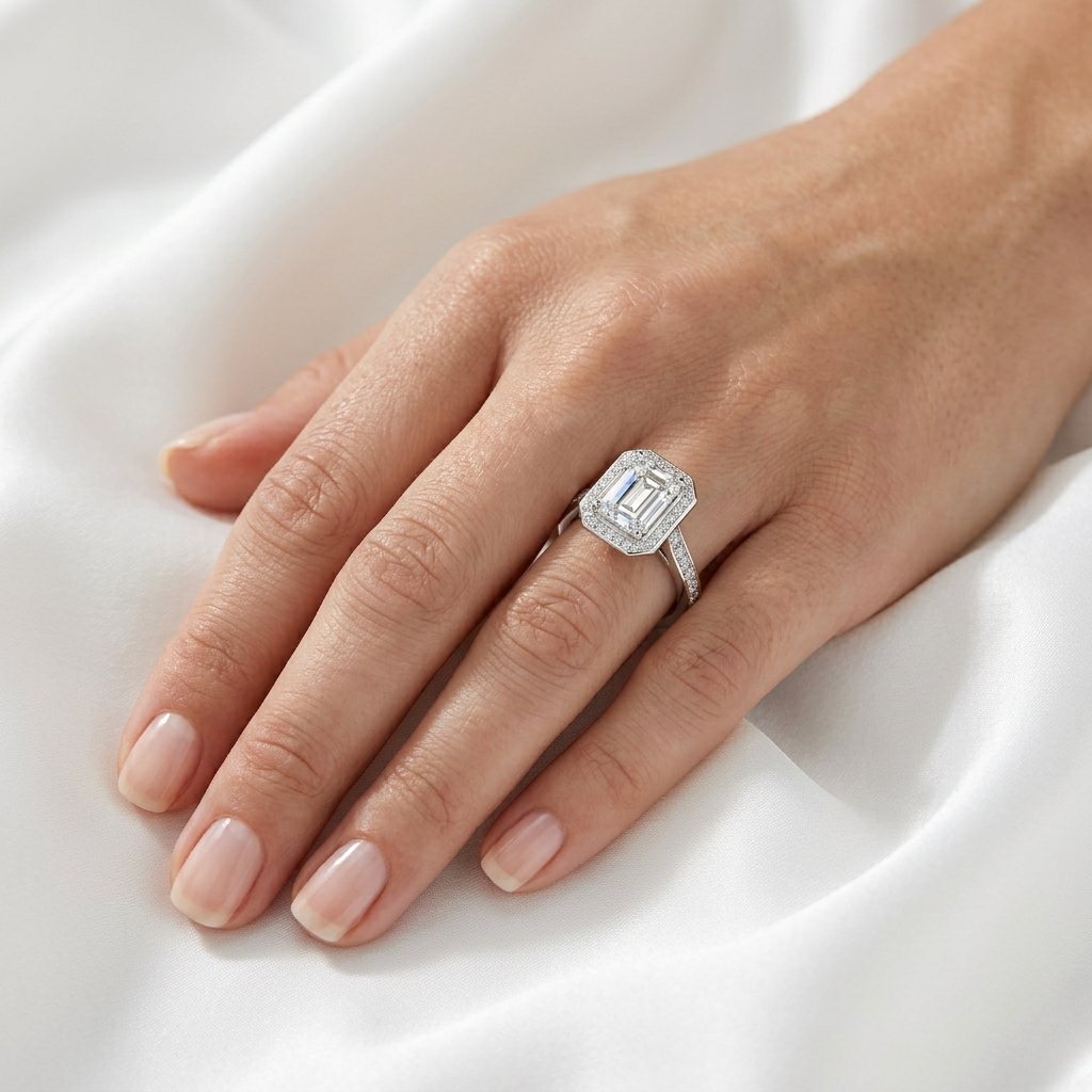 Emerald Cut Lab Grown Diamond Halo Cathedral Ring Ring | D VS1 | 14K 18K Gold | 1-3ct