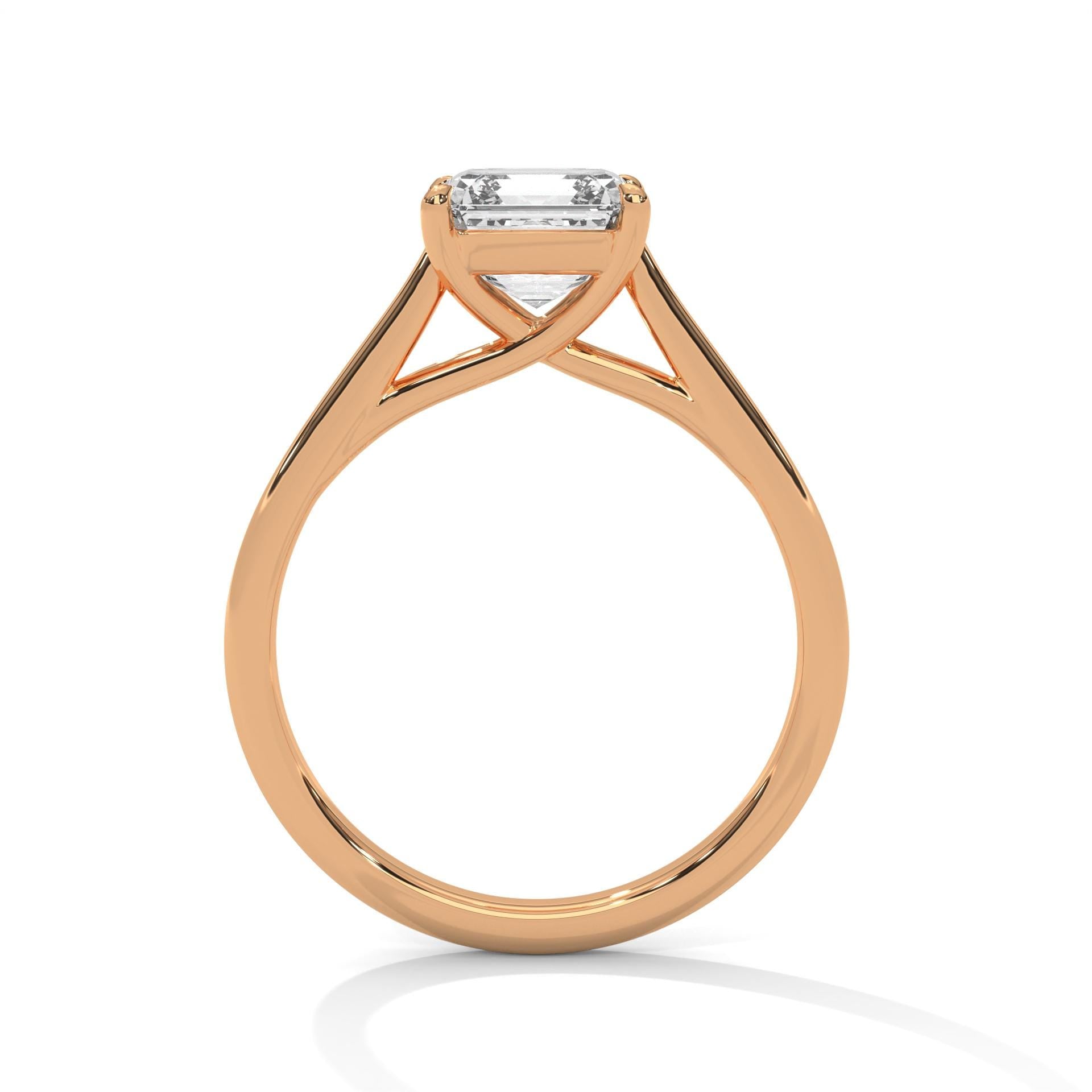 Profile view of rose gold cathedral setting for Asscher diamond ring