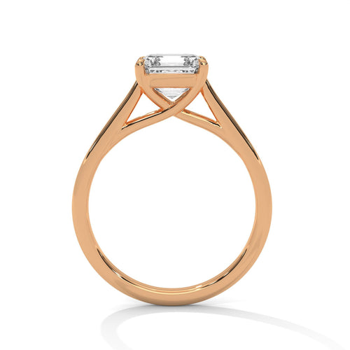 Profile view of rose gold cathedral setting for Asscher diamond ring