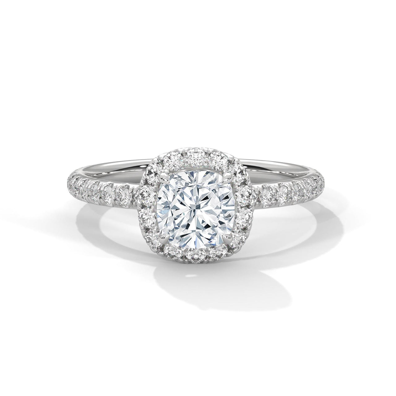 Colorless cushion cut lab diamond pave halo ring in white gold