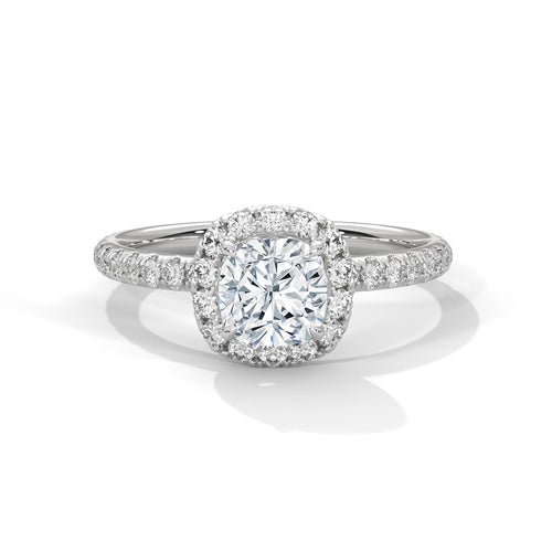 Colorless cushion cut lab diamond pave halo ring in white gold