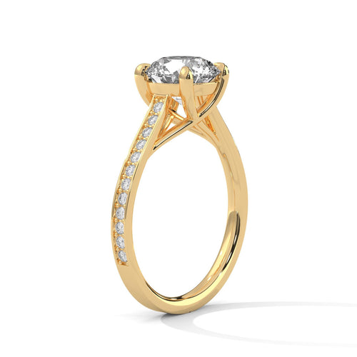 Architectural yellow gold cathedral mount for round lab diamond solitaire