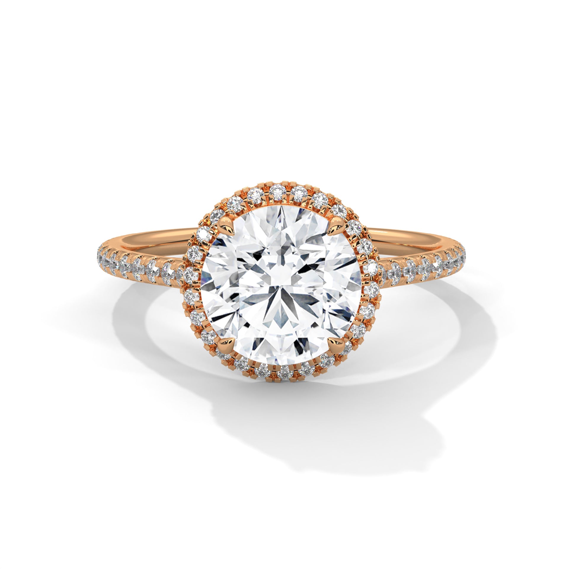 Round brilliant lab-grown diamond halo engagement ring with a pavé band in solid 18k rose gold.