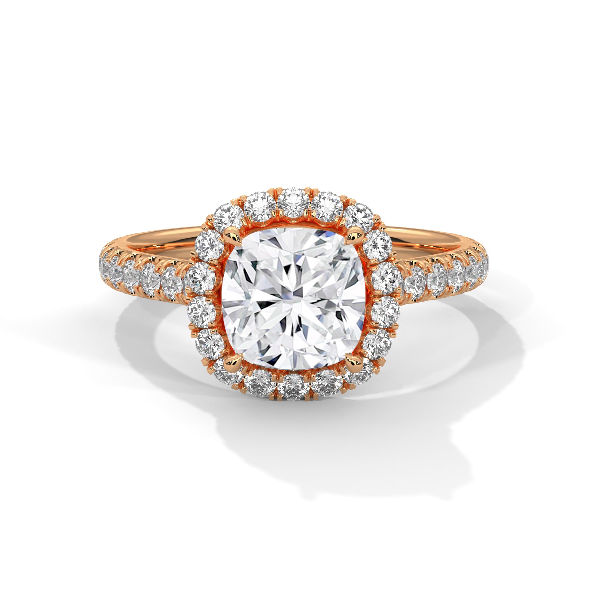 Cushion cut lab-grown diamond knife-edge solitaire engagement ring in solid 18k rose gold.