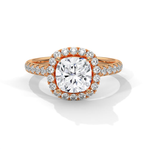 Cushion cut lab-grown diamond knife-edge solitaire engagement ring in solid 18k rose gold.